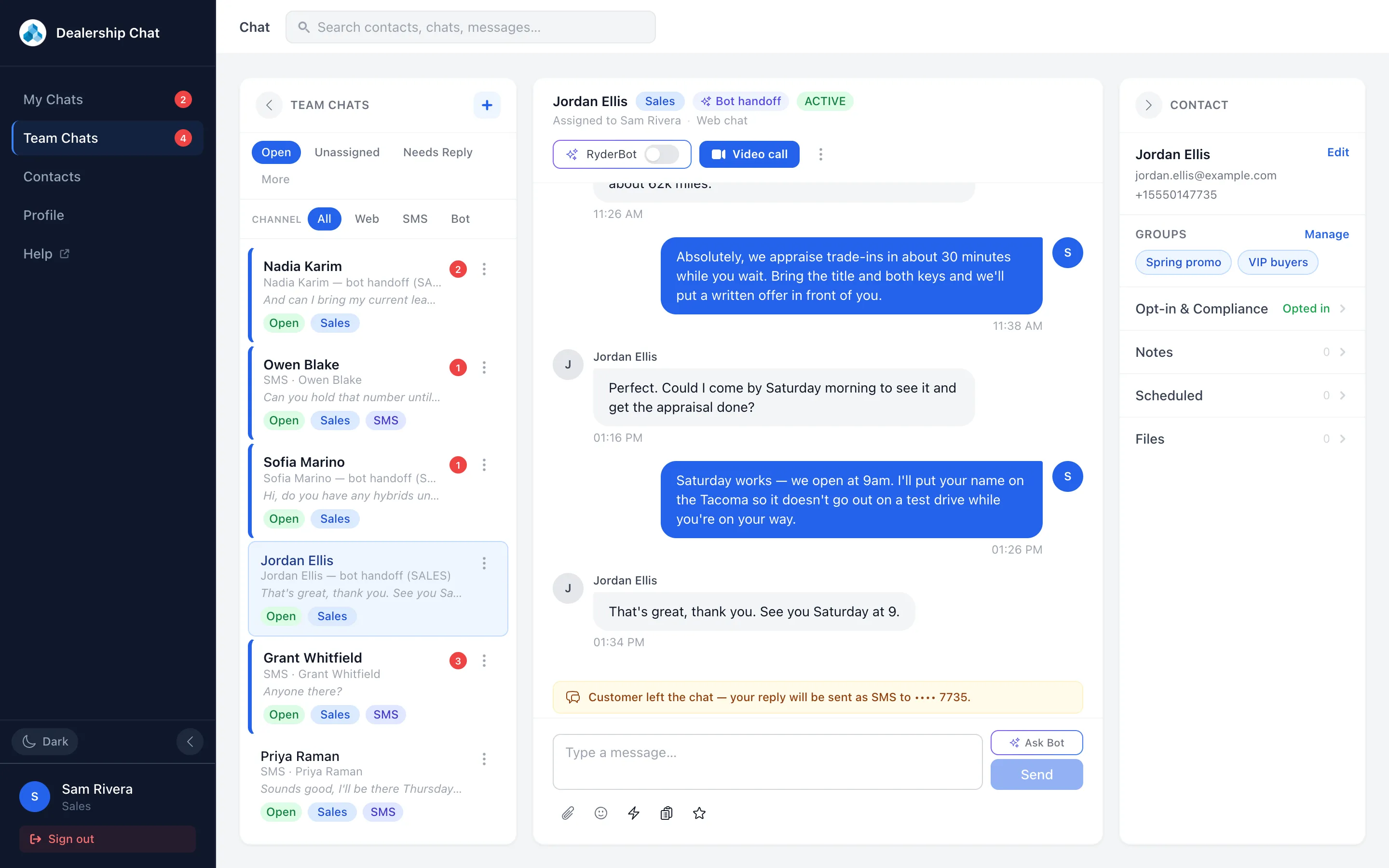 The three columns of the chat screen: the conversation list, the conversation itself, and the contact column