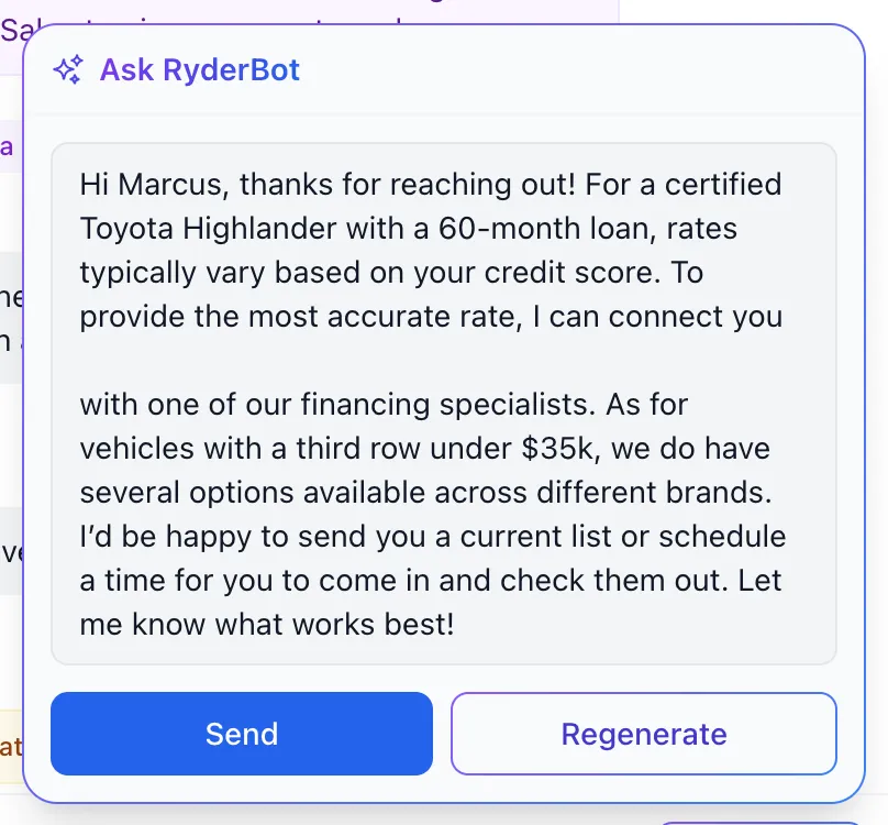 The Ask RyderBot panel showing a suggested reply, with Send and Regenerate underneath