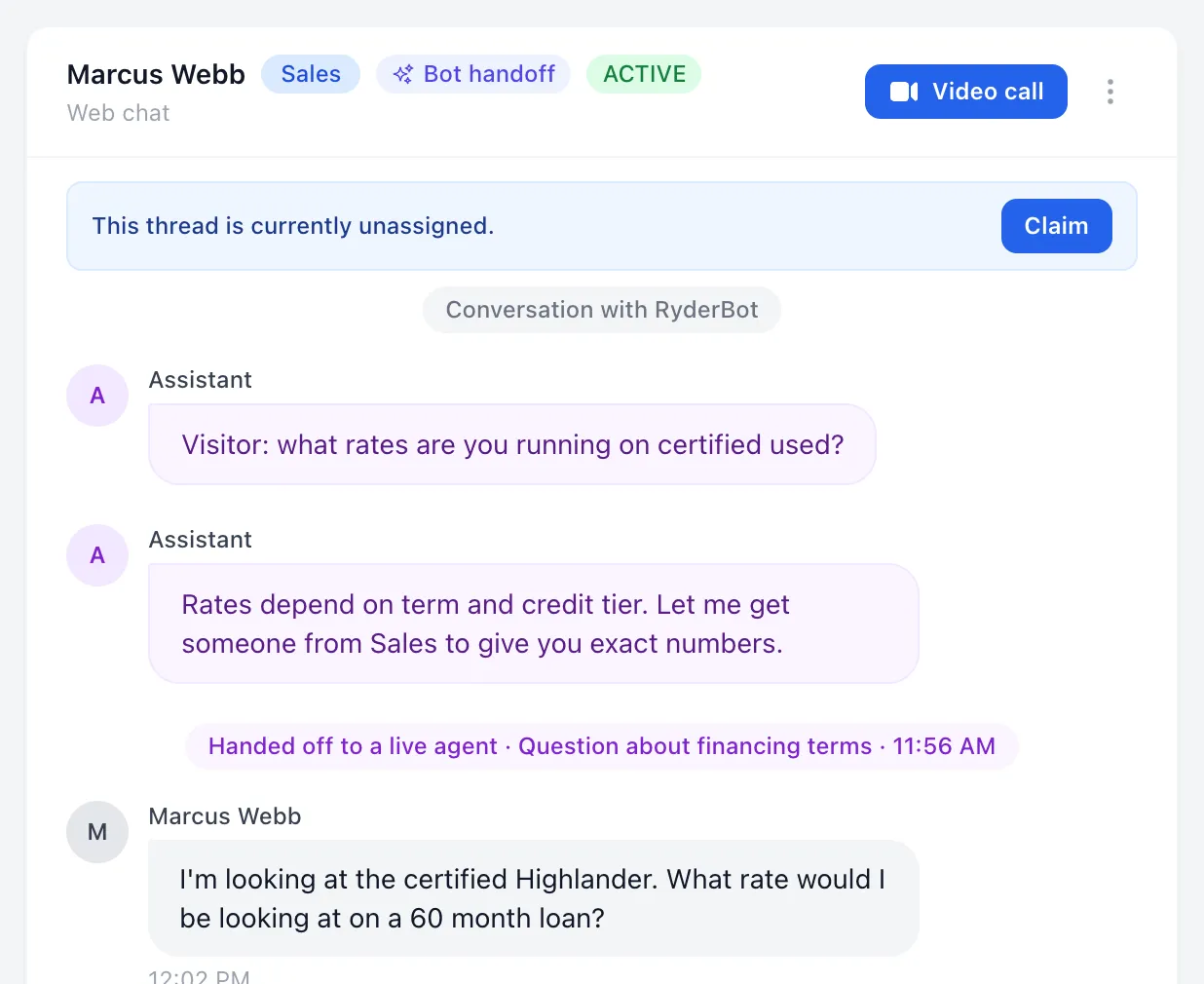 The blue strip above a conversation reading “This thread is currently unassigned”, with the Claim button