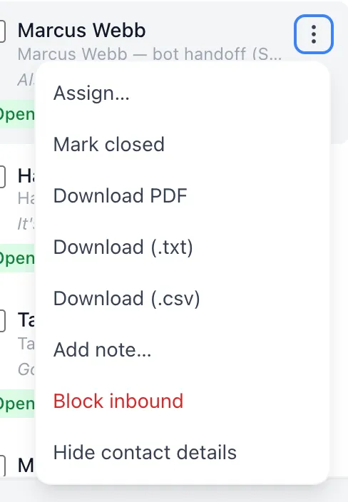 The three-dot menu on a conversation row, open on Assign…