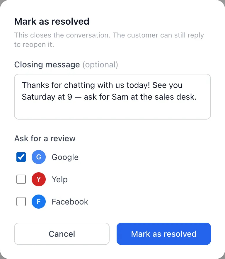 The Mark as resolved window with a closing message written and Google ticked under Ask for a review