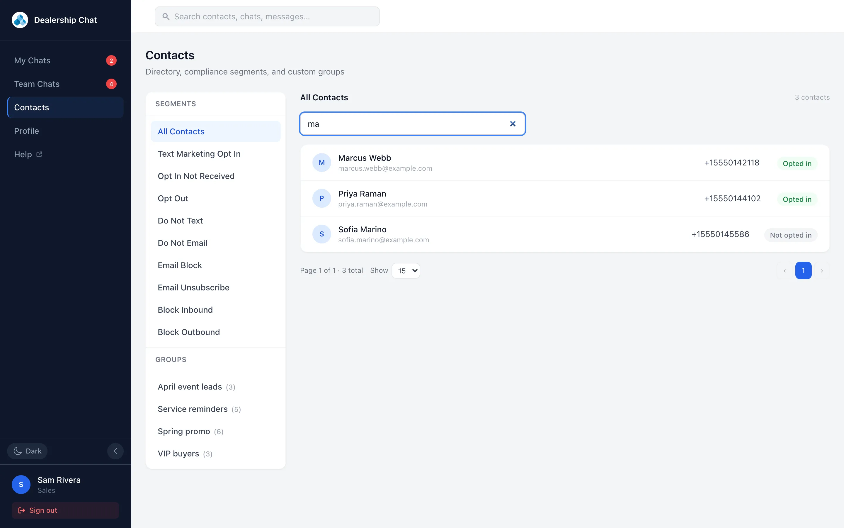 The Contacts page with a search typed in and three matching contacts listed
