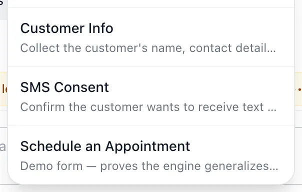 The list of forms you can send, open over the message box