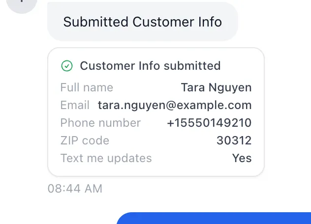 The customer’s answers, shown as a card in the conversation