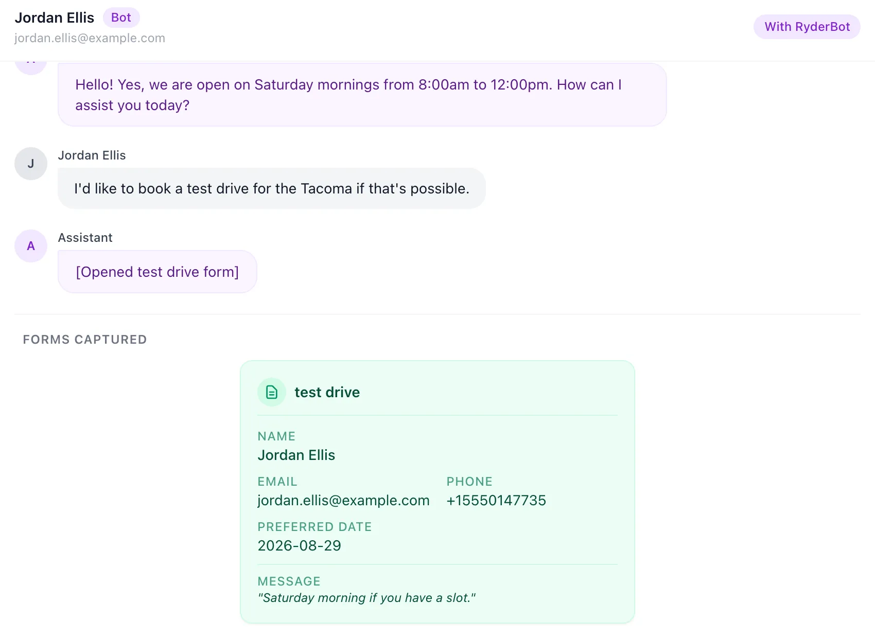 A conversation still with RyderBot, and the form the visitor filled in shown under Forms Captured