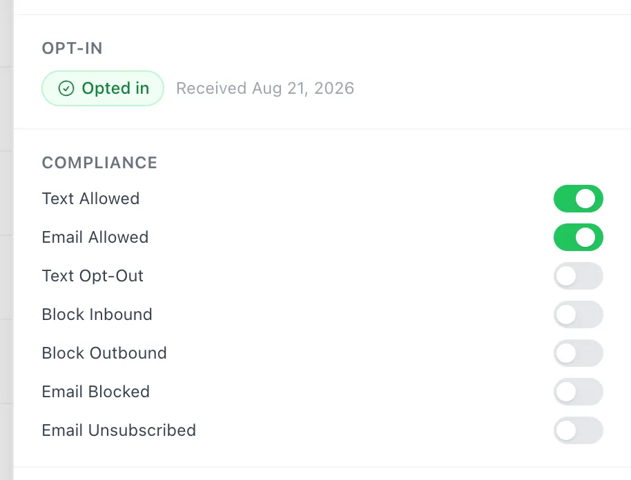 The Opt-in badge and the Compliance switches on a contact record