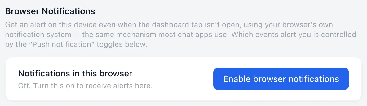 The Browser Notifications card before enabling, showing the Off status and Enable browser notifications button
