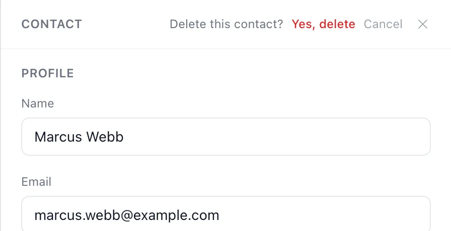The top of a contact record asking “Delete this contact?” with Yes, delete and Cancel