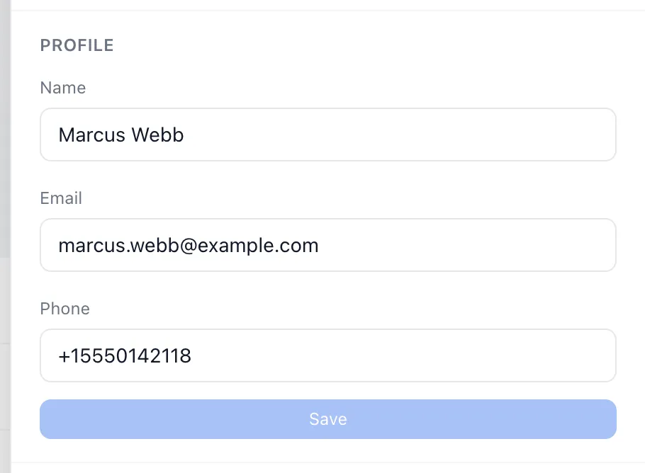 The Profile part of a contact record: name, email, phone and the Save button