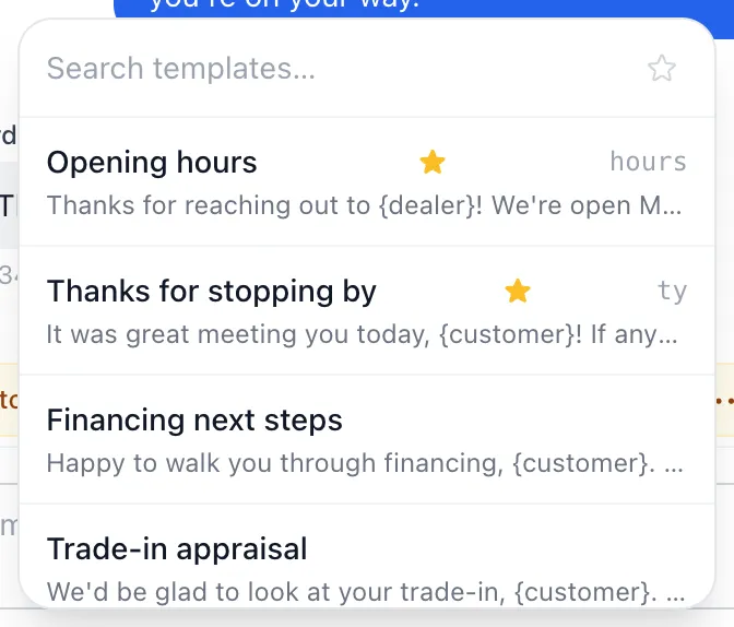 The saved-reply list open over the message box, with favorites starred